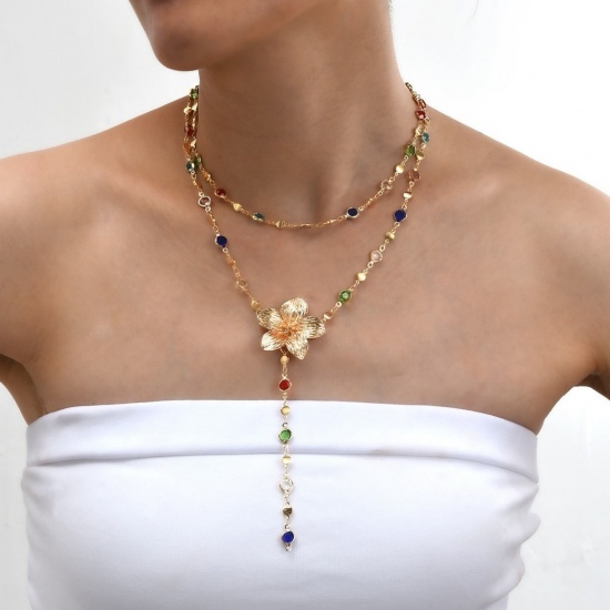 Imagen de Flor Conjunto de Collares en Capas Apilables Al Por Mayor, Chapado en Oro de 18K Latón & Aleación Mujeres Religión Hip Hop Regalo Joyería Para Minorista, 1 Juego ( 2 Unidades/Juego)