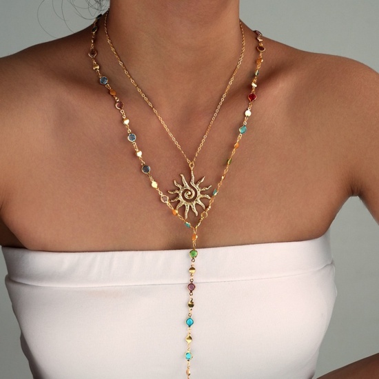 Imagen de Sol Conjunto de Collares en Capas Apilables Al Por Mayor, Chapado en Oro de 18K Latón & Aleación Mujeres Religión Hip Hop Regalo Joyería Para Minorista, 1 Juego ( 2 Unidades/Juego)