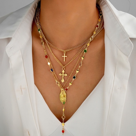 Imagen de Cruz Conjunto de Collares en Capas Apilables Al Por Mayor, Chapado en Oro de 18K Latón & Aleación Mujeres Religión Hip Hop Regalo Joyería Para Minorista, 1 Juego ( 4 Unidades/Juego)