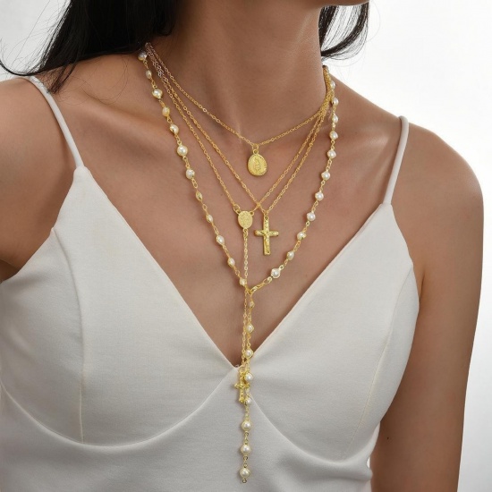 Imagen de Cruz Conjunto de Collares en Capas Apilables Al Por Mayor, Chapado en Oro de 18K Latón & Aleación Mujeres Religión Hip Hop Regalo Joyería Para Minorista, 1 Juego ( 4 Unidades/Juego)