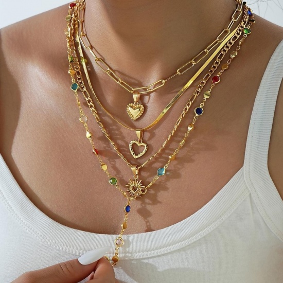 Imagen de Corazón Conjunto de Collares en Capas Apilables Al Por Mayor, Chapado en Oro de 18K Latón & Aleación Mujeres Religión Hip Hop Regalo Joyería Para Minorista, 1 Juego ( 4 Unidades/Juego)