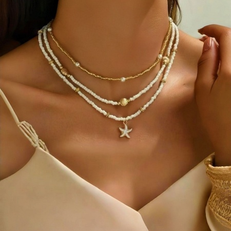 Picture of Wholesale Shell Creamy-White Layered Stackable Necklace Set, Gold Plated Brass & Acrylic Women's Ocean Jewelry Bohemia Boho Gift Jewelry For Retailer, 1 Set ( 3 PCs/Set)