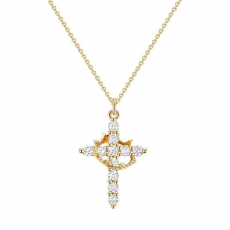 Picture of Wholesale Cross Crown Clear Cubic Zirconia Pendant Charm Necklace, 18K Gold Plated Brass Link Cable Chain, Women's Religious Simple & Casual Gift Jewelry For Retailer, 45cm(17.7") + 5cm(2") long, 1 Piece