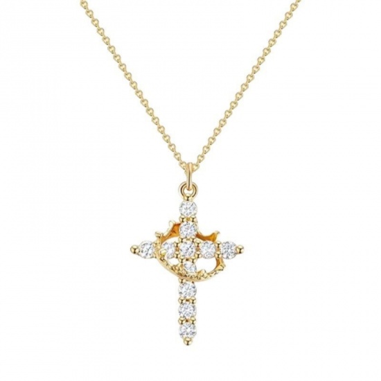 Picture of Wholesale Cross Crown Clear Cubic Zirconia Pendant Charm Necklace, 18K Gold Plated Brass Link Cable Chain, Women's Religious Simple & Casual Gift Jewelry For Retailer, 45cm(17.7") + 5cm(2") long, 1 Piece