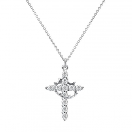 Picture of Wholesale Cross Crown Clear Cubic Zirconia Pendant Charm Necklace, Platinum Plated Brass Link Cable Chain, Women's Religious Simple & Casual Gift Jewelry For Retailer, 45cm(17.7") + 5cm(2") long, 1 Piece