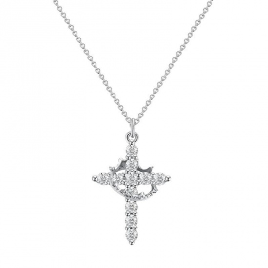 Picture of Wholesale Cross Crown Clear Cubic Zirconia Pendant Charm Necklace, Platinum Plated Brass Link Cable Chain, Women's Religious Simple & Casual Gift Jewelry For Retailer, 45cm(17.7") + 5cm(2") long, 1 Piece