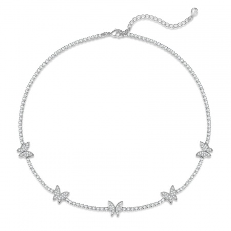 Picture of Wholesale Butterfly Clear Cubic Zirconia Choker Necklace, Platinum Plated Brass Women's Simple Stylish Gift Jewelry For Retailer, 38cm(15") + 5cm(2") long, 1 Piece