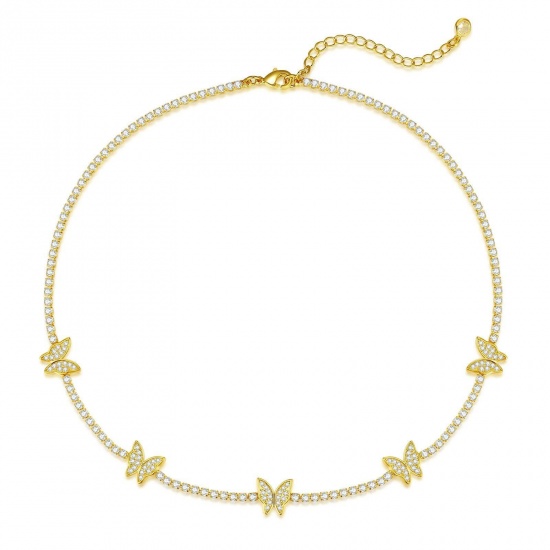 Immagine di Farfalla Trasparente Circonio Cubico Collana Gargantiglia All'Ingrosso, Placcato Oro 18K Ottone Donne Semplice Elegante Regalo Gioielli Per Rivenditore, 38cm + 5cm Lunghezza, 1 Pz