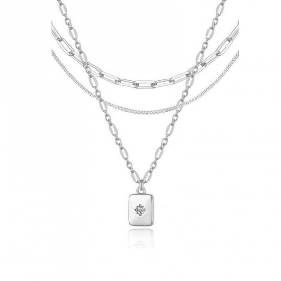 Bild von Großhandel Rechteck Stern Stapelbares Mehrlagen-Halskettenset, Versilbert Messing Frauen Einfach Ins Stil Geschenk Schmuck für Einzelhändler, 45cm + 5cm lang, 1 Set ( 3 Stk./Set)