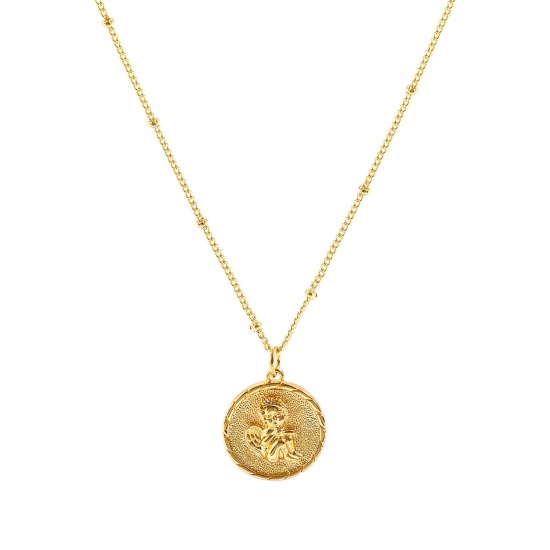 Bild von Großhandel Rund Scheibe Engel Anhänger Halskette, 18K Echtgold plattiert Messing Panzerkette Kette, Frauen Umweltfreundlich Religiös Retro Geschenk Schmuck für Einzelhändler, 45cm + 5cm lang, 1 Strang