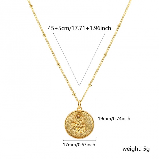 Bild von Großhandel Rund Scheibe Engel Anhänger Halskette, 18K Echtgold plattiert Messing Panzerkette Kette, Frauen Umweltfreundlich Religiös Retro Geschenk Schmuck für Einzelhändler, 45cm + 5cm lang, 1 Strang