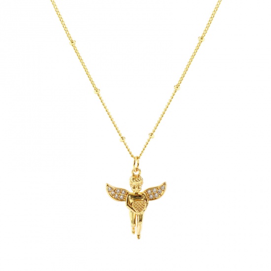 Bild von Großhandel Engel Herz 3D Klar Kubisches Zirkonia Anhänger Halskette, 18K Echtgold plattiert Messing Panzerkette Kette, Frauen Umweltfreundlich Religiös Retro Geschenk Schmuck für Einzelhändler, 45cm + 5cm lang, 1 Strang
