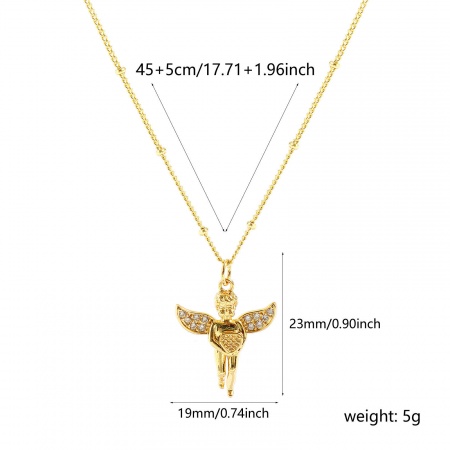 Picture of Wholesale Angel Heart 3D Clear Cubic Zirconia Pendant Charm Necklace, 18K Real Gold Plated Brass Curb Link Chain, Women's Eco-friendly Religious Retro Gift Jewelry For Retailer, 45cm(17.7") + 5cm(2") long, 1 Piece