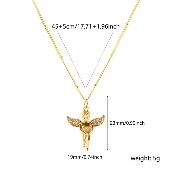 Bild von Großhandel Engel Herz 3D Klar Kubisches Zirkonia Anhänger Halskette, 18K Echtgold plattiert Messing Panzerkette Kette, Frauen Umweltfreundlich Religiös Retro Geschenk Schmuck für Einzelhändler, 45cm + 5cm lang, 1 Strang