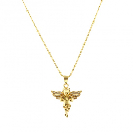 Bild von Großhandel Engel 3D Klar Kubisches Zirkonia Anhänger Halskette, 18K Echtgold plattiert Messing Panzerkette Kette, Frauen Umweltfreundlich Religiös Retro Geschenk Schmuck für Einzelhändler, 45cm + 5cm lang, 1 Strang