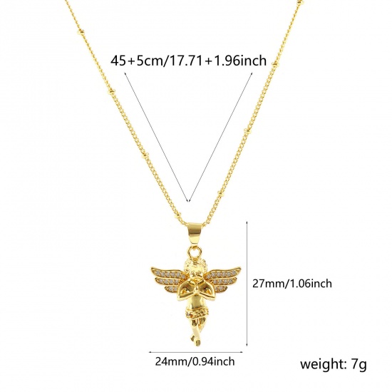 Bild von Großhandel Engel 3D Klar Kubisches Zirkonia Anhänger Halskette, 18K Echtgold plattiert Messing Panzerkette Kette, Frauen Umweltfreundlich Religiös Retro Geschenk Schmuck für Einzelhändler, 45cm + 5cm lang, 1 Strang
