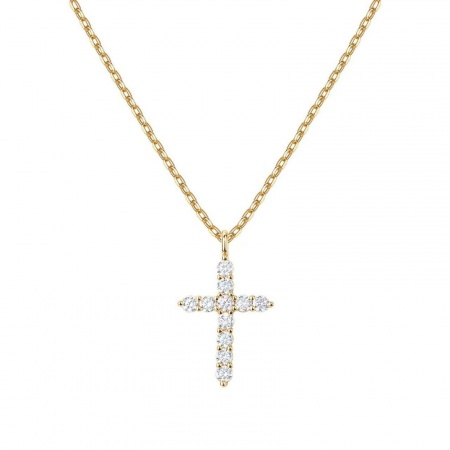 Picture of Wholesale Cross Clear Cubic Zirconia Pendant Charm Necklace, 18K Gold Plated Brass Link Cable Chain, Women's Religious Simple & Casual Gift Jewelry For Retailer, 45cm(17.7") + 5cm(2") long, 1 Piece
