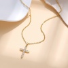Picture of Wholesale Cross Clear Cubic Zirconia Pendant Charm Necklace, 18K Gold Plated Brass Link Cable Chain, Women's Religious Simple & Casual Gift Jewelry For Retailer, 45cm(17.7") + 5cm(2") long, 1 Piece