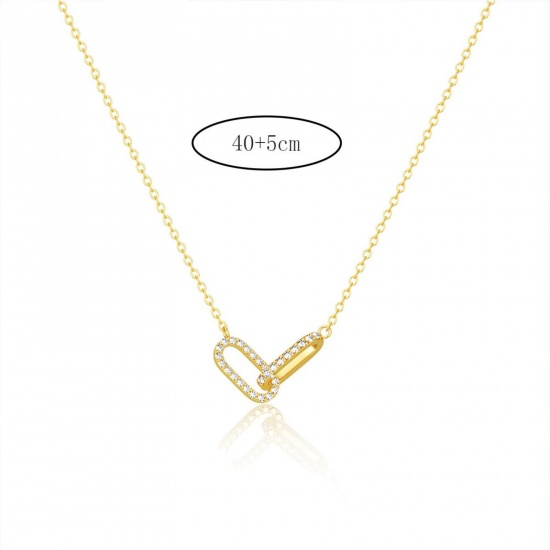 Picture of Wholesale Circle Ring Clear Cubic Zirconia Pendant Charm Necklace, 14K Gold Plated Brass Link Cable Chain, Women's Simple Stylish Gift Jewelry For Retailer, 40cm(15.7") + 5cm(2") long, 1 Piece