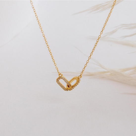 Picture of Wholesale Circle Ring Clear Cubic Zirconia Pendant Charm Necklace, 14K Gold Plated Brass Link Cable Chain, Women's Simple Stylish Gift Jewelry For Retailer, 40cm(15.7") + 5cm(2") long, 1 Piece