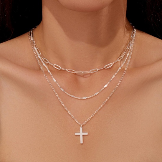 Bild von Großhandel Kreuz Stapelbares Mehrlagen-Halskettenset, Versilbert Messing Frauen Einfach Religiös Geschenk Schmuck für Einzelhändler, 45cm + 5cm lang, 1 Set ( 3 Stk./Set)