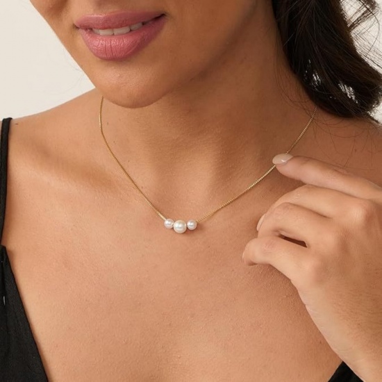 Picture of Wholesale Imitation Pearl Pendant Charm Necklace, 18K Gold Plated Brass Women's Simple Stylish Gift Jewelry For Retailer, 40cm(15.7") + 5cm(2") long, 1 Piece