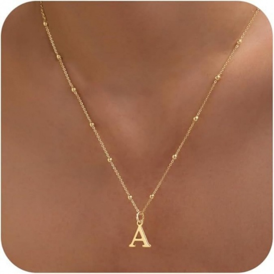 Picture of Wholesale Capital Alphabet Initial Letter Message " A " Pendant Charm Necklace, 18K Gold Plated Brass Ball Chain, Women's Simple Dainty Gift Jewelry For Retailer, 40cm(15.7") + 5cm(2") long, 1 Piece