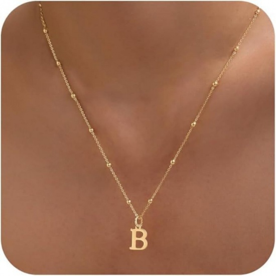 Picture of Wholesale Capital Alphabet Initial Letter Message " B " Pendant Charm Necklace, 18K Gold Plated Brass Ball Chain, Women's Simple Dainty Gift Jewelry For Retailer, 40cm(15.7") + 5cm(2") long, 1 Piece