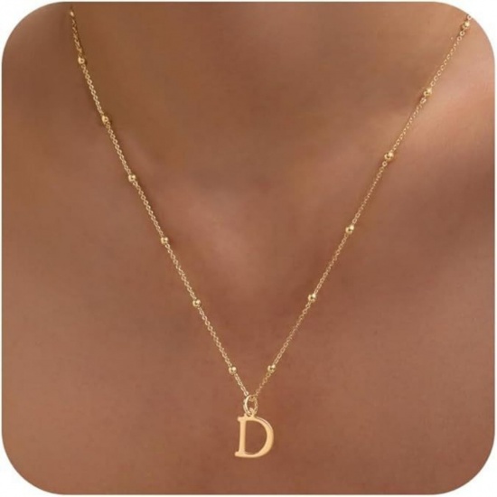 Picture of Wholesale Capital Alphabet Initial Letter Message " D " Pendant Charm Necklace, 18K Gold Plated Brass Ball Chain, Women's Simple Dainty Gift Jewelry For Retailer, 40cm(15.7") + 5cm(2") long, 1 Piece