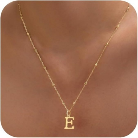 Picture of Wholesale Capital Alphabet Initial Letter Message " E " Pendant Charm Necklace, 18K Gold Plated Brass Ball Chain, Women's Simple Dainty Gift Jewelry For Retailer, 40cm(15.7") + 5cm(2") long, 1 Piece