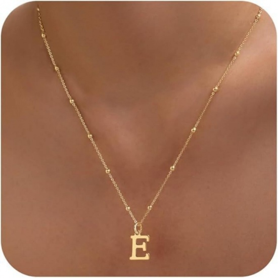 Picture of Wholesale Capital Alphabet Initial Letter Message " E " Pendant Charm Necklace, 18K Gold Plated Brass Ball Chain, Women's Simple Dainty Gift Jewelry For Retailer, 40cm(15.7") + 5cm(2") long, 1 Piece