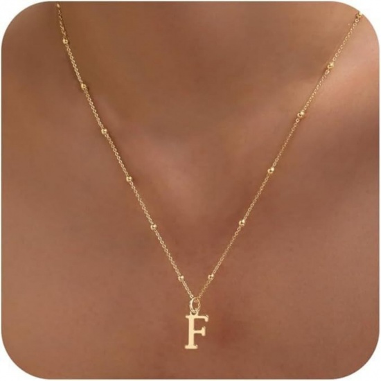 Picture of Wholesale Capital Alphabet Initial Letter Message " F " Pendant Charm Necklace, 18K Gold Plated Brass Ball Chain, Women's Simple Dainty Gift Jewelry For Retailer, 40cm(15.7") + 5cm(2") long, 1 Piece