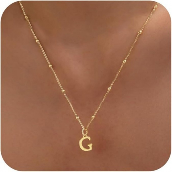 Picture of Wholesale Capital Alphabet Initial Letter Message " G " Pendant Charm Necklace, 18K Gold Plated Brass Ball Chain, Women's Simple Dainty Gift Jewelry For Retailer, 40cm(15.7") + 5cm(2") long, 1 Piece