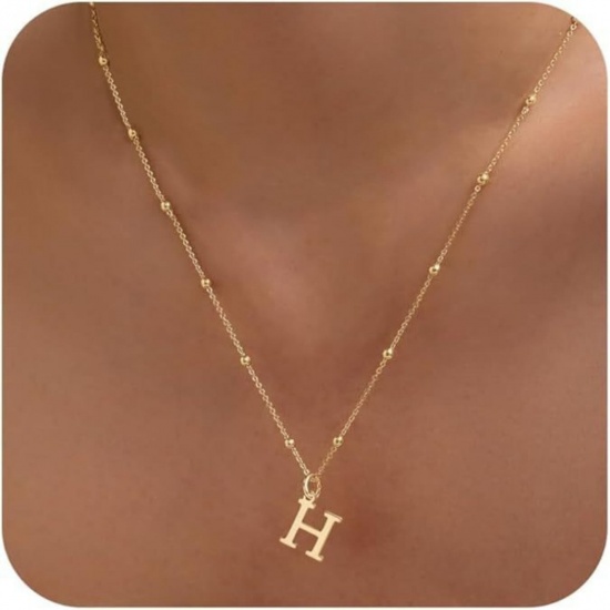 Picture of Wholesale Capital Alphabet Initial Letter Message " H " Pendant Charm Necklace, 18K Gold Plated Brass Ball Chain, Women's Simple Dainty Gift Jewelry For Retailer, 40cm(15.7") + 5cm(2") long, 1 Piece