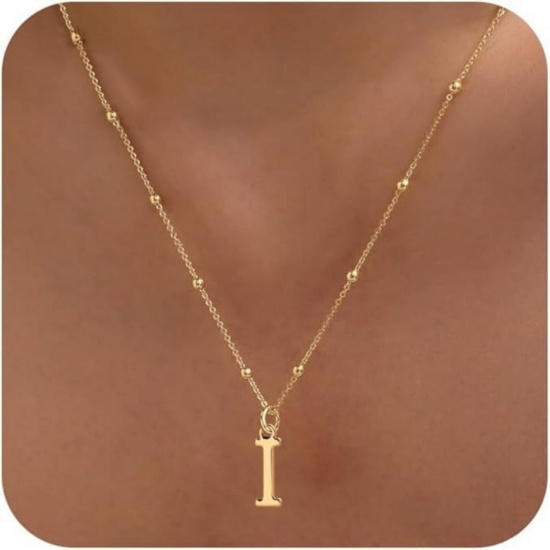 Picture of Wholesale Capital Alphabet Initial Letter Message " I " Pendant Charm Necklace, 18K Gold Plated Brass Ball Chain, Women's Simple Dainty Gift Jewelry For Retailer, 40cm(15.7") + 5cm(2") long, 1 Piece