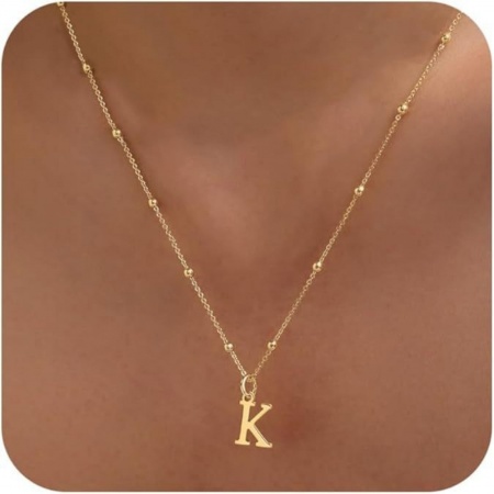 Picture of Wholesale Capital Alphabet Initial Letter Message " K " Pendant Charm Necklace, 18K Gold Plated Brass Ball Chain, Women's Simple Dainty Gift Jewelry For Retailer, 40cm(15.7") + 5cm(2") long, 1 Piece