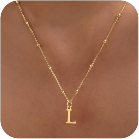 Picture of Wholesale Capital Alphabet Initial Letter Message " L " Pendant Charm Necklace, 18K Gold Plated Brass Ball Chain, Women's Simple Dainty Gift Jewelry For Retailer, 40cm(15.7") + 5cm(2") long, 1 Piece