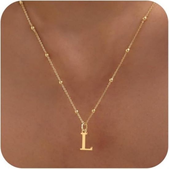 Picture of Wholesale Capital Alphabet Initial Letter Message " L " Pendant Charm Necklace, 18K Gold Plated Brass Ball Chain, Women's Simple Dainty Gift Jewelry For Retailer, 40cm(15.7") + 5cm(2") long, 1 Piece