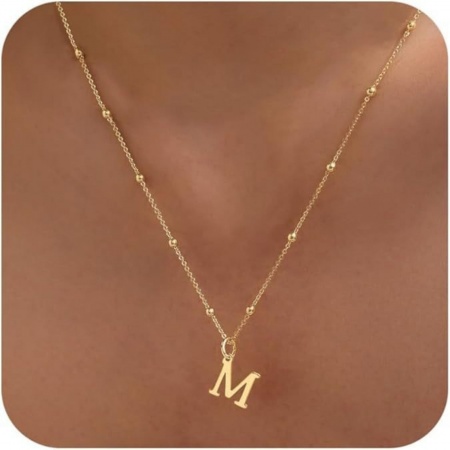 Picture of Wholesale Capital Alphabet Initial Letter Message " M " Pendant Charm Necklace, 18K Gold Plated Brass Ball Chain, Women's Simple Dainty Gift Jewelry For Retailer, 40cm(15.7") + 5cm(2") long, 1 Piece