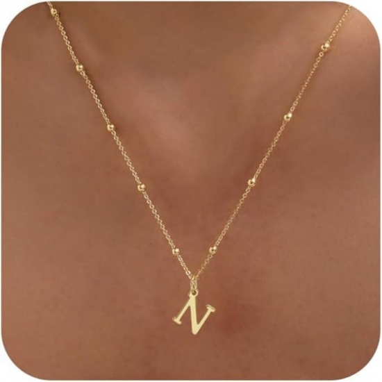 Picture of Wholesale Capital Alphabet Initial Letter Message " N " Pendant Charm Necklace, 18K Gold Plated Brass Ball Chain, Women's Simple Dainty Gift Jewelry For Retailer, 40cm(15.7") + 5cm(2") long, 1 Piece