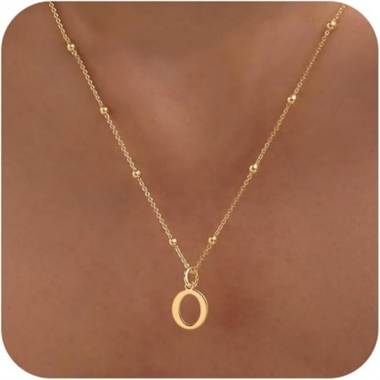 Picture of Wholesale Capital Alphabet Initial Letter Message " O " Pendant Charm Necklace, 18K Gold Plated Brass Ball Chain, Women's Simple Dainty Gift Jewelry For Retailer, 40cm(15.7") + 5cm(2") long, 1 Piece
