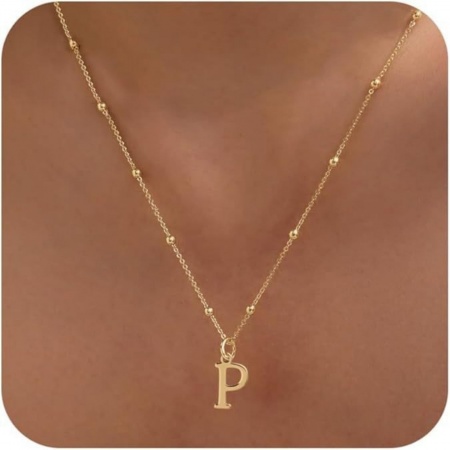 Picture of Wholesale Capital Alphabet Initial Letter Message " P " Pendant Charm Necklace, 18K Gold Plated Brass Ball Chain, Women's Simple Dainty Gift Jewelry For Retailer, 40cm(15.7") + 5cm(2") long, 1 Piece