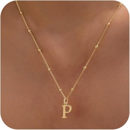 Picture of Wholesale Capital Alphabet Initial Letter Message " P " Pendant Charm Necklace, 18K Gold Plated Brass Ball Chain, Women's Simple Dainty Gift Jewelry For Retailer, 40cm(15.7") + 5cm(2") long, 1 Piece