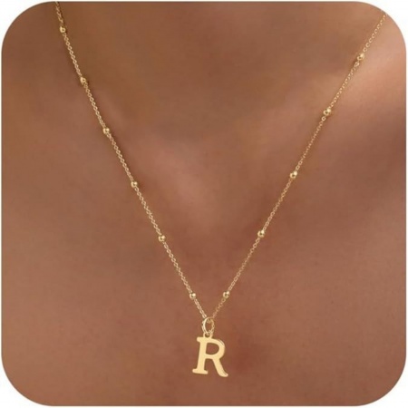 Picture of Wholesale Capital Alphabet Initial Letter Message " R " Pendant Charm Necklace, 18K Gold Plated Brass Ball Chain, Women's Simple Dainty Gift Jewelry For Retailer, 40cm(15.7") + 5cm(2") long, 1 Piece
