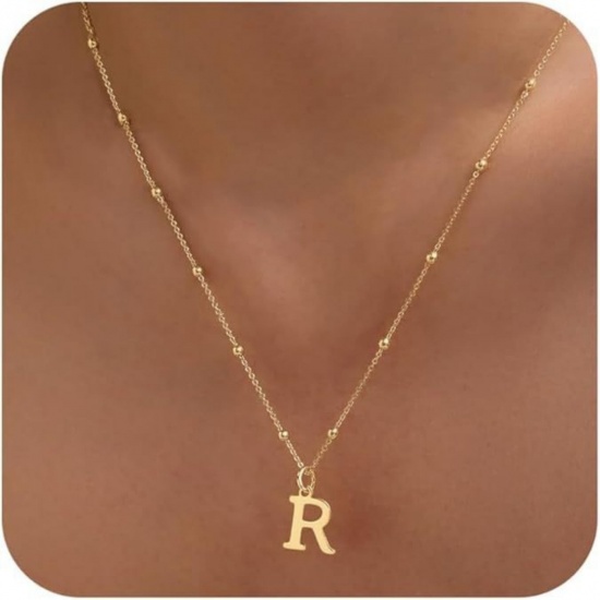 Picture of Wholesale Capital Alphabet Initial Letter Message " R " Pendant Charm Necklace, 18K Gold Plated Brass Ball Chain, Women's Simple Dainty Gift Jewelry For Retailer, 40cm(15.7") + 5cm(2") long, 1 Piece