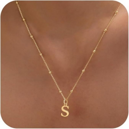 Picture of Wholesale Capital Alphabet Initial Letter Message " S " Pendant Charm Necklace, 18K Gold Plated Brass Ball Chain, Women's Simple Dainty Gift Jewelry For Retailer, 40cm(15.7") + 5cm(2") long, 1 Piece