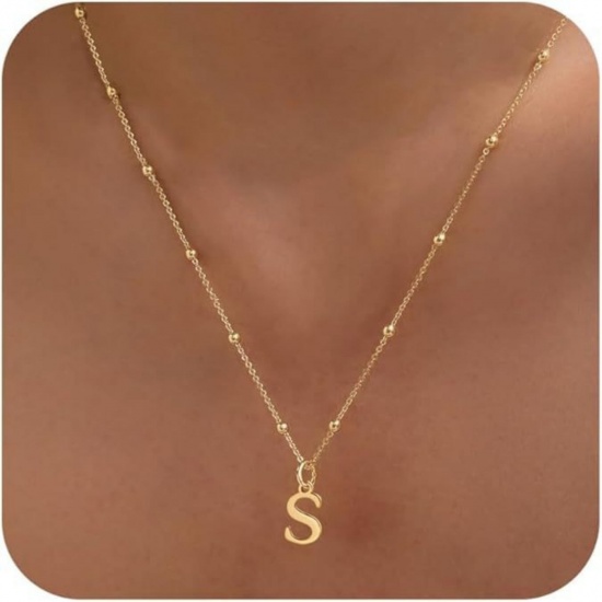 Picture of Wholesale Capital Alphabet Initial Letter Message " S " Pendant Charm Necklace, 18K Gold Plated Brass Ball Chain, Women's Simple Dainty Gift Jewelry For Retailer, 40cm(15.7") + 5cm(2") long, 1 Piece