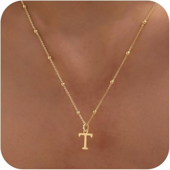 Picture of Wholesale Capital Alphabet Initial Letter Message " T " Pendant Charm Necklace, 18K Gold Plated Brass Ball Chain, Women's Simple Dainty Gift Jewelry For Retailer, 40cm(15.7") + 5cm(2") long, 1 Piece