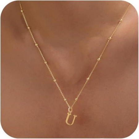 Picture of Wholesale Capital Alphabet Initial Letter Message " U " Pendant Charm Necklace, 18K Gold Plated Brass Ball Chain, Women's Simple Dainty Gift Jewelry For Retailer, 40cm(15.7") + 5cm(2") long, 1 Piece