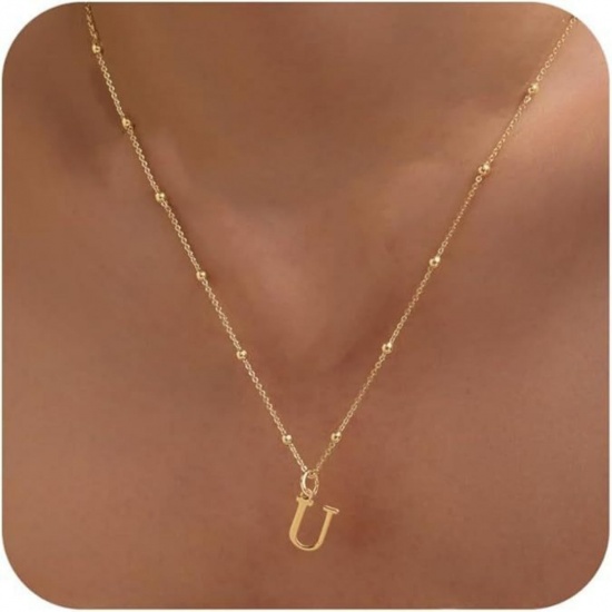 Picture of Wholesale Capital Alphabet Initial Letter Message " U " Pendant Charm Necklace, 18K Gold Plated Brass Ball Chain, Women's Simple Dainty Gift Jewelry For Retailer, 40cm(15.7") + 5cm(2") long, 1 Piece